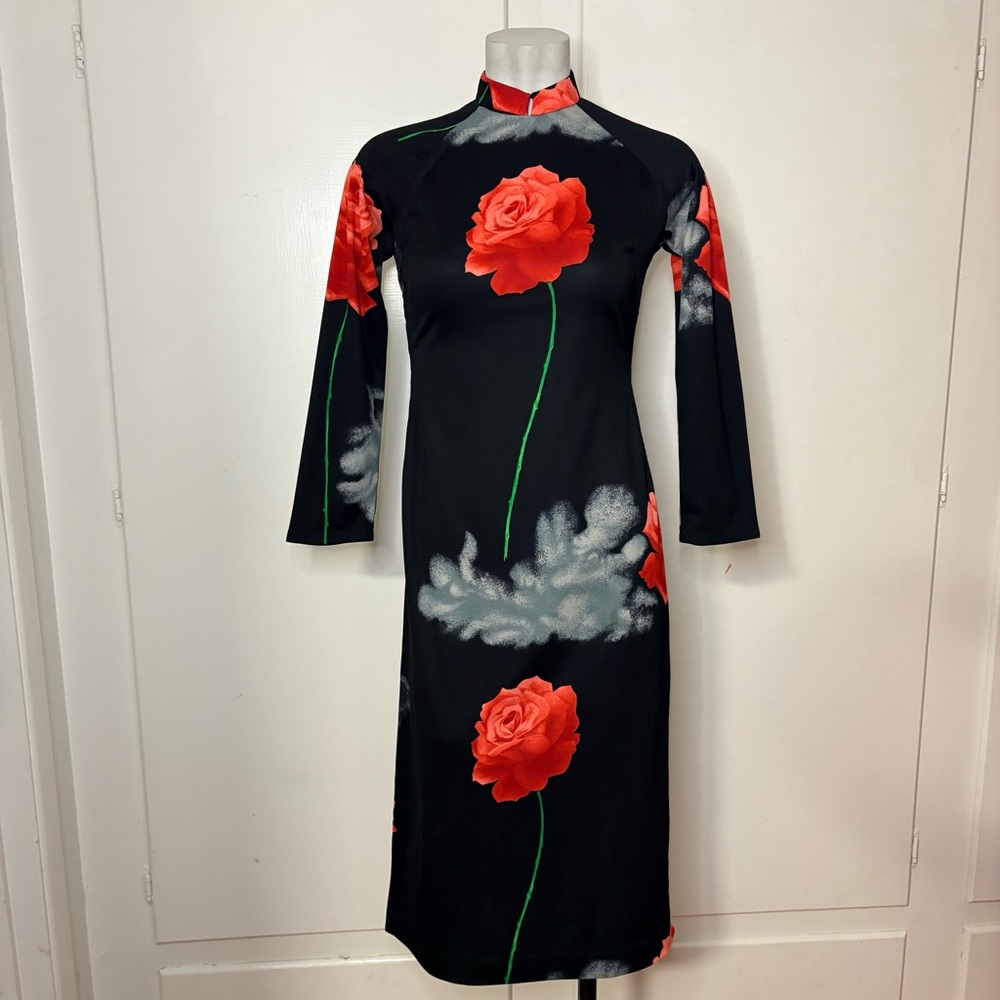 Vintage 70s Black Red Rose Ao Dai Long Sleeve Split Sides Tunic Top Dress